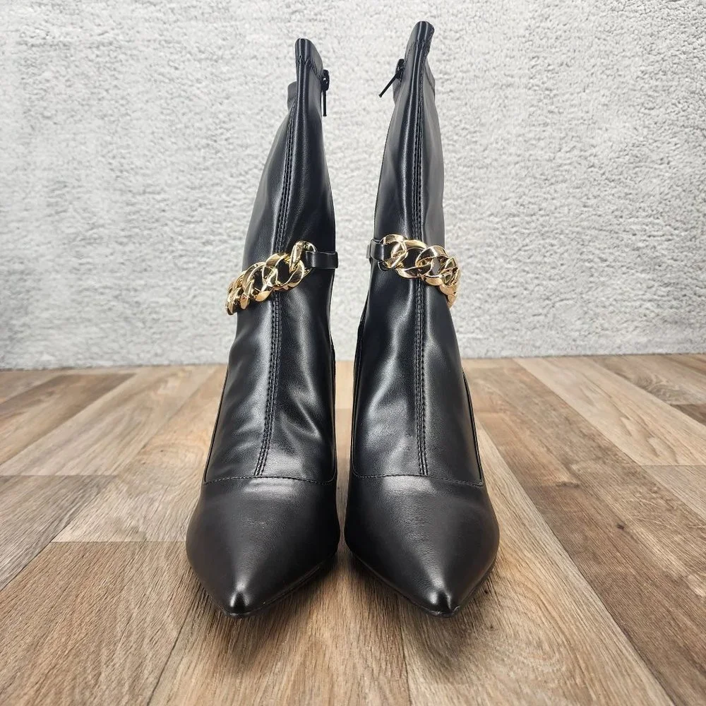 Shoe Dazzle Ayson Women's Size 10 Black High Heel Pointed Toe Zip‎ Booties Chain